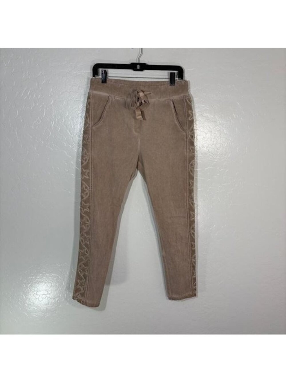Venti6 Pants Womens XS Beige Jogger Elastic Star Embroidered Made In Italy
